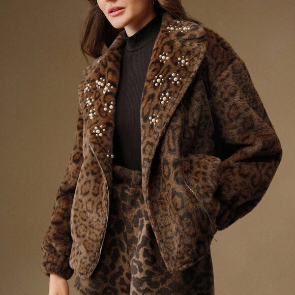 Brown Women's Leopard Print Faux Fur beaded detailed Collar Zip up Short Jacket - Picture 1 of 10